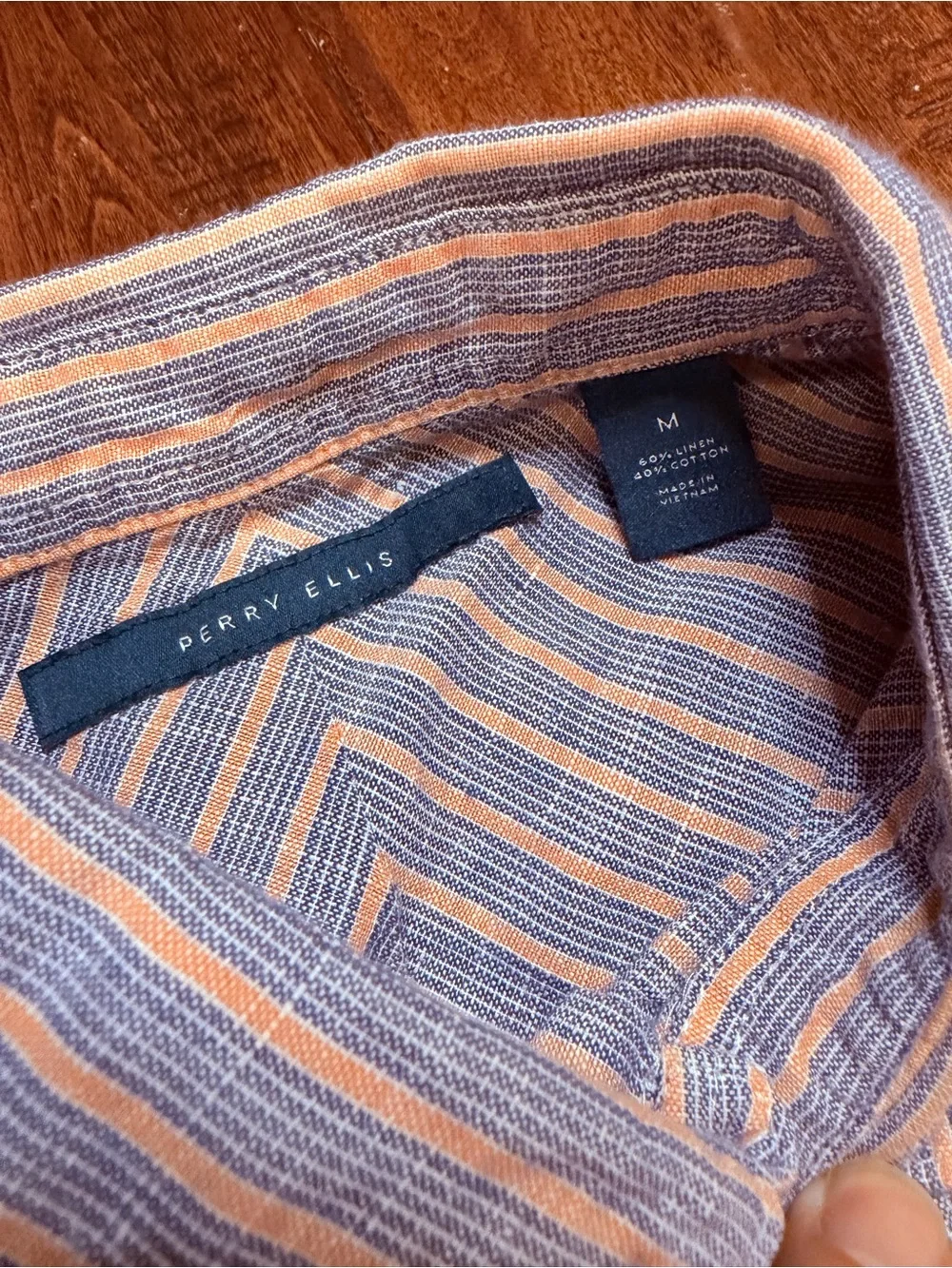 Perry Ellis Blue and Pink Striped Short-Sleeve Button-Down Shirt